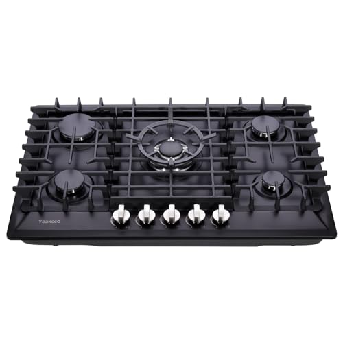 Yeakcco 30 Inch Gas Cooktop, Built-in 5 Burners Stainless Steel Gas Stovetop Propane/Natural Gas Convertible Stove Top Dual Fuel Gas Hob (Black)