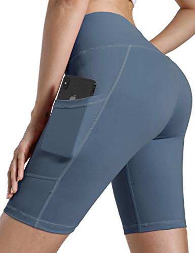 Natural Feelings High Waist Yoga Shorts Side Pockets Fitness Athletic Workout Running Bike Shorts Gray Blue