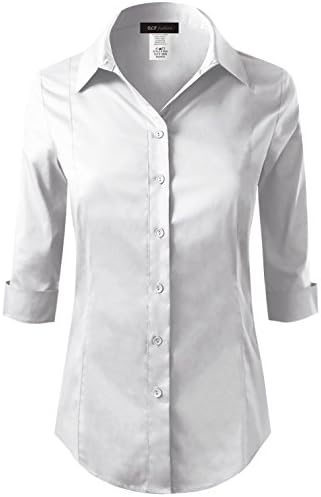ELF FASHION 3/4 Sleeve Stretchy Button Down Collar Office Formal Casual Shirt Blouse for Women (Size S~6XL)