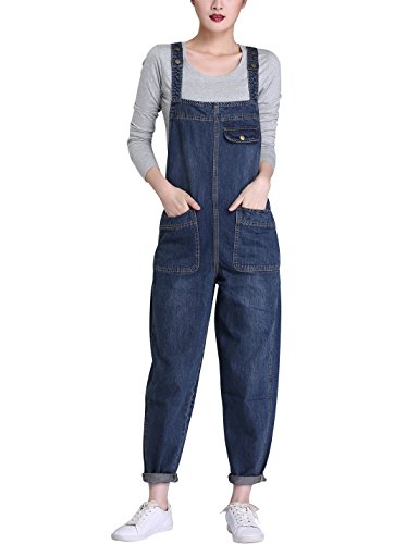 Lentta Women's Loose Baggy Denim Bib Harem Overalls Romp (Large, Blue)