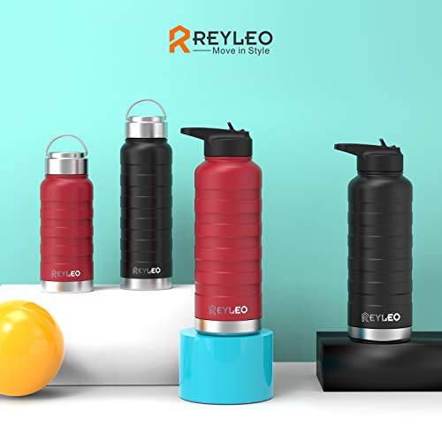 REYLEO Insulated Water Bottle with Straw Lid- 24 Oz Black, 2 Lids, 18/8 Stainless Steel Water Bottle, Keep Cold 24 Hours& Hot 8 Hours, Standard Mouth with Straw Lid
