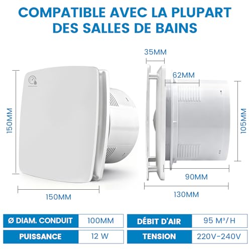 XIIW 100 mm VMC Bathroom Air Extractor with Timer | 12W 95m³/h 34dB IPX4, Non-Return Valve, Silent Fan, Bathroom, Basement and Kitchen, Wall & Ceiling, White