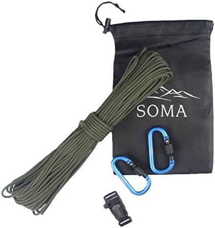 SOMA 550lb Paracord Parachute Cord 7 Strand 100 Feet with Buckle and 2 Carabiners
