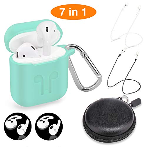 AirPods Case Protective Silicone Cover with 2 Airpods Strap, 2 Airpods Ear Hook,1 Carabiner,1 Headphone Case for Apple Airpods Accessories (7 Pack)-(Mint Green) …