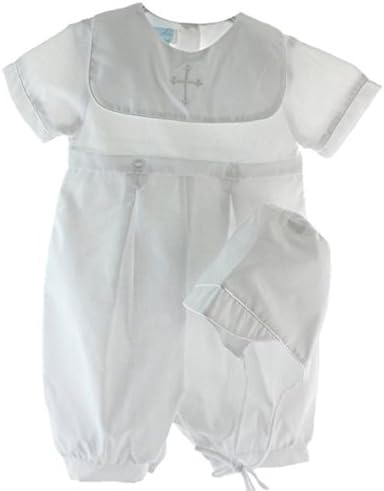 Baby Boys Baptism Romper and Hat with Embroidered Cross (3 Months) White