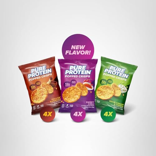 PURE PROTEIN POPPED CRISPS – VARIETY PACK: HICKORY BARBECUE, SOUR CREAM & ONION, SWEET CHILI – 12G PLANT BASED PROTEIN, GLUTEN FREE, NON GMO, VEGAN, AIR POPPED & PUFFED CRISPS – HEALTHY PROTEIN SNACKS – 12 PACK