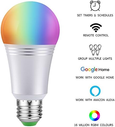 Smart Led Light Bulb, WiFi Smart Bulbs 6000K Dimmable Colored Smartphone Controlled Daylight White Night Light, No Hub Required, Works with Amazon Echo Alexa Google Home E26 A19