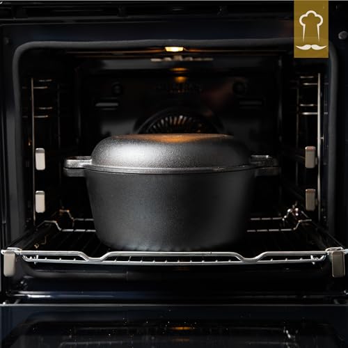 Cast Iron Pot 26 cm, Pre-Seasoned, Induction Compatible, 2-in-1 Cast Iron Roasting Pan with lid 4.6 L, Stewing Pan with Practical Double Function, Cast Iron Pot, Bread Baking Pot with Lid | Bake crispy sourdough bread or Schmore hearty dishes with proofing basket, dough scraper and 2 in 1 lid