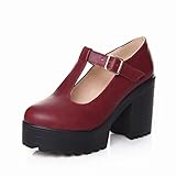 Show Shine Women's Chic T Strap Buckle Platform High Chunky Heel Shoes
