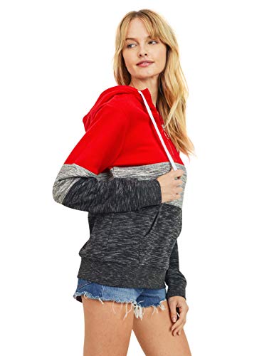 Women's Ultra Soft Fleece Tri-Color Block 1/4 Zip-Up Pullover Hoodie Sweatshirt, Red, Large
