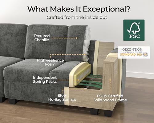 Bedeep 124.8'' Oversized Modular Sofa Comfy Cloud Couch with Storage Wide L-Shaped Sectional Sofa Set with Chaise for Living Room, Covers Washable, 4-Seater with Ottoman, Chenille, Grey