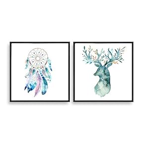 2 Piece Framed Canvas Home Artwork Decoration Feather and Deer Canvas Wall Art for Living Room, Bedroom - 16"x16"x2 Panels