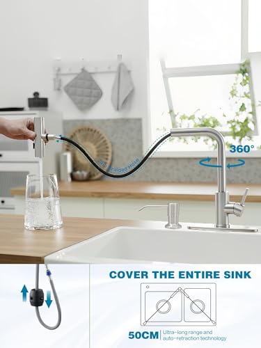 Kitchen Faucet with Pull Down Sprayer Waterfall Stainless Steel Single Handle Kitchen Sink Faucet with 3 Function Sprayer for Farmhouse RV Laundry Bar and Home Use