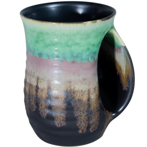 Icytrip Hand Warmer Mug,18 Oz Handmade Pottery Hand Warming Coffee Mug Large with Pocket For Christmas Right Handed (Green/Black)
