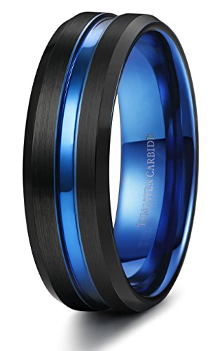 Tungary 8mm Tungsten Rings for Men Wedding Engagement Band Blue Grooved Brushed Size 7-14