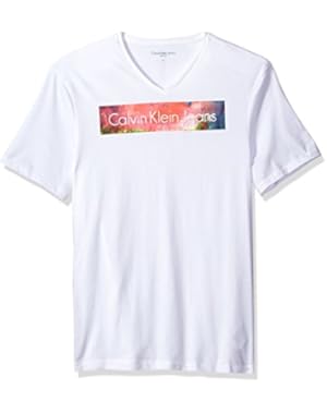 Calvin Klein Jeans Men's Short Sleeve Rainbow Logo V-Neck T-Shirt