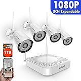 [2019 New] HD 1080P 8CH Security Camera System Wireless,SAFEVANT Security Camera System(1TB Hard Drive),4PCS 1080P(2.0MP) Indoor/Outdoor Wireless Security Cameras,Plug&Play,NO Monthely Fee