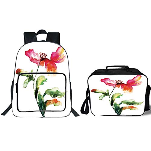 iPrint 19" School Backpack & Lunch Bag Bundle,Watercolor Flower,Shaded Single Poppy Flowering Plant Muse in The Nature Earth Divine Grace,Red Green White,for Boys Girls