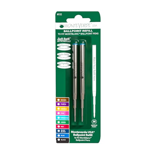 Monteverde Ballpoint Refill to Fit Montblanc, Medium, Turquoise, 2 Pack
