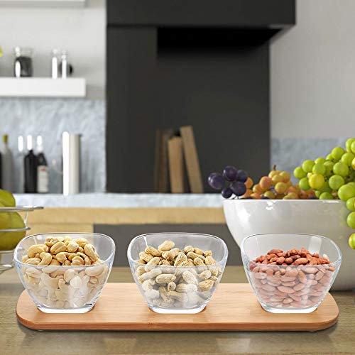 Dipping Bowls & Candy Dish Set - 3 Clear Glass Bowls On Bamboo Tray 6-oz Each | Appetizer Serving Tray Perfect For Dessert, Condiments, Nuts, Dips, And Snacks