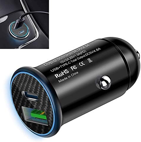 USB C Car Charger PD 30W Power Delivery 3.0 & Quick Charge Compact Dual USB Alloy Flush Fit for iPhone 11 Pro Max XR XS X 8 7 6 iPad Samsung Galaxy S10 S9 Note LG HTC Google Pixel Huawei Xperia Black