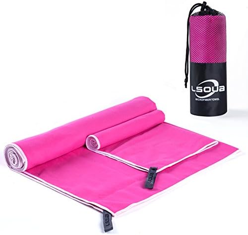 Lsoua Microfiber Towel for Quick Drying and Absorbent – 2 Pack 60"30" (Bath/Beach) &amp; 24"15" (Hand/Face) with Mesh BAG - for Sports, Gym, Swimming, Camping, Travel, Bath, Beach &amp; More(Pink)