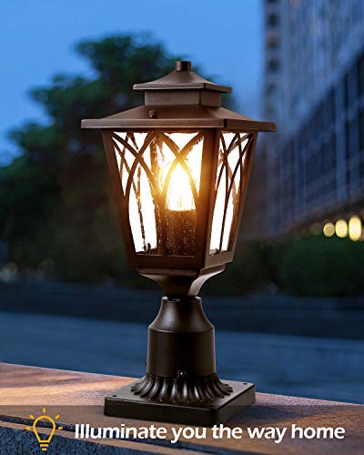 JAZAVA Outdoor Post Light Mounted Fixtures, Exterior Post Lantern LED Street Light with 3-Inch Pier Mount Base One-Light for Patio, Black Finish with Seeded Glass