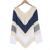 VIISHOW Loose Women V-neck Long Sleeve Knit Splice Hollow Out Irregular Hem Blouse Tops (M,Blue)