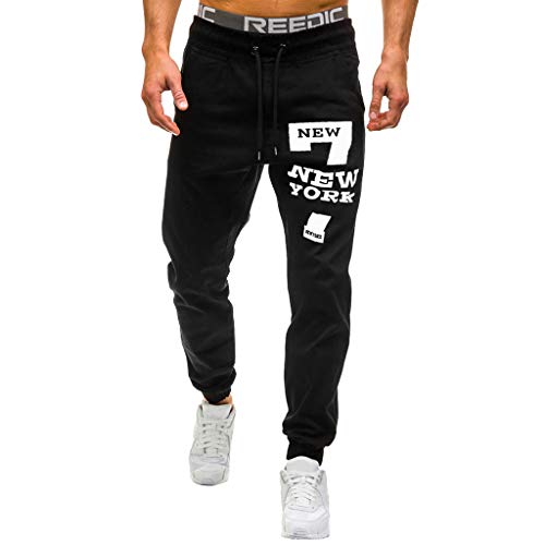 ZEFOTIM Pants for Men Sweatpants Slacks Casual Elastic Joggings Sport Print Baggy Pockets Trousers(Black,Large)