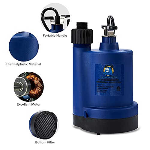 Submersible Water Pump Utility Pump Thermoplastic 1/4 HP Portable Electric Water Removal for