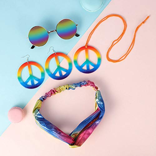 BKpearl Hippie Costume Set, Hippie Sunglasses Peace Sign Necklace and Earring with Bow Knot Headband