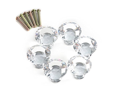 VIPMOON 6pcs 30mm Clear Diamond Cut Door Knobs with Screw, Crystal Glass Cabinet Drawer Handle