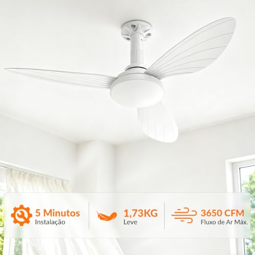 Ventilador de Teto com Luz 36", Instalação Fácil, Fluxo de Ar Potente, Motor DC Reversível, Controle Remoto e Luz Regulável