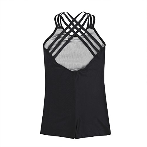 dPois Girls One-Piece Gymnastic Ballet Dance Leotard Cross Back Solid-color Unitard Bodysuit Athletic Biketard Black 9-10 - Thumbnail 4