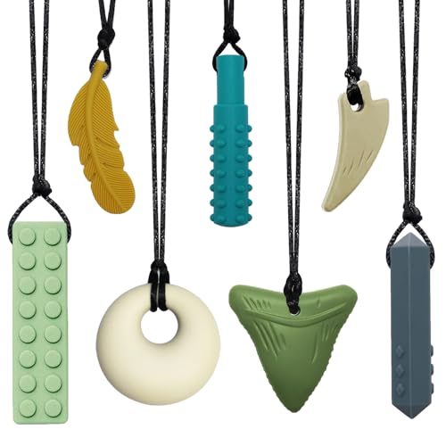 Chew Necklaces for Sensory Kids & Adults - 7 PCS Silicone Chewy Necklaces for Autism, ADHD, Anxiety, Oral Motor Stimulation, Chewable Teething Necklace BPA Free