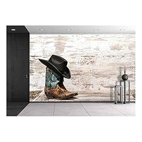 American West Rodeo Black Cowboy Hat ATOP Pair of Designer Fashion Leather Cowgirl Boots - Removable Wall Mural | Self-Adhesive Large Wallpaper - 66x96 inches