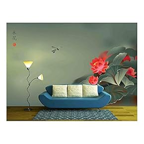 Vector Illustration of Lotus Flower and Dragonfly in Traditional Japanese Painting Style - Removable Wall Mural | Self-Adhesive Large Wallpaper - 66x96 inches