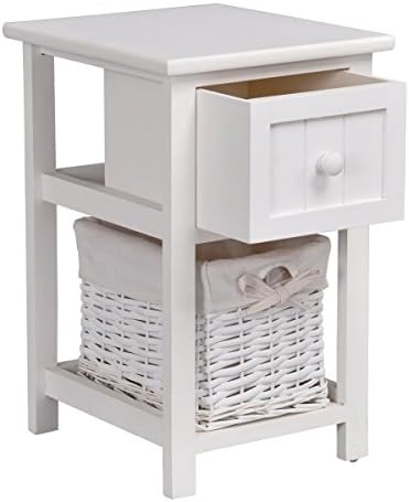Ihouse Multi-purpose 2-Tier Full Wood Storage EndTable With1 Drawer, Handmade Wicker Storage Basket,White