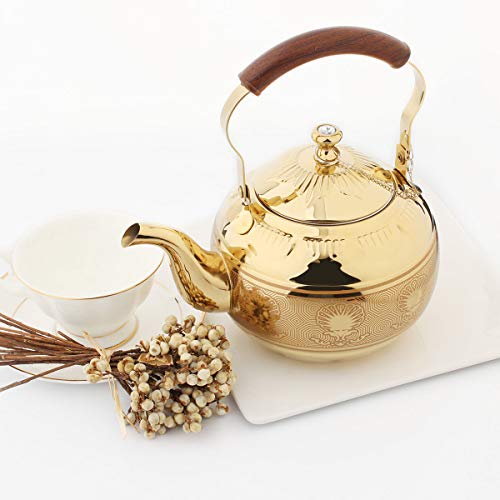 OMGard Gold Tea Pot with Infuser Loose Tea Leaf Filter 2 Liter Stainless Steel Teapot Coffee Water Small Kettle Strainer Set Warmer Teakettle for Stovetop Induction Stove Top 2.1 Quart / 68 Ounce