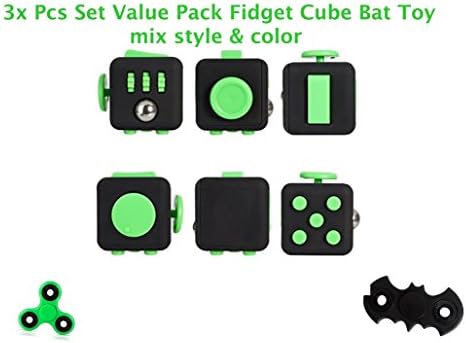 (3x Value Pack Fidget Cube + Tri-Spinner + Bat Spinner) Fidget Toy Hand Finger Hybrid Ceramic Bearing Spinner-helps Desk Focus, ADD, ADHD, Stress Relief-Random Mix Colors