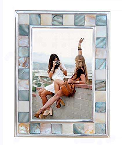GIFTME 5 Silver Plate Picture Frame 4x6 Mother of Pearl 4 by 6 Photo Frame Mosaic Glass Tabletop Frame (Grey+ White)
