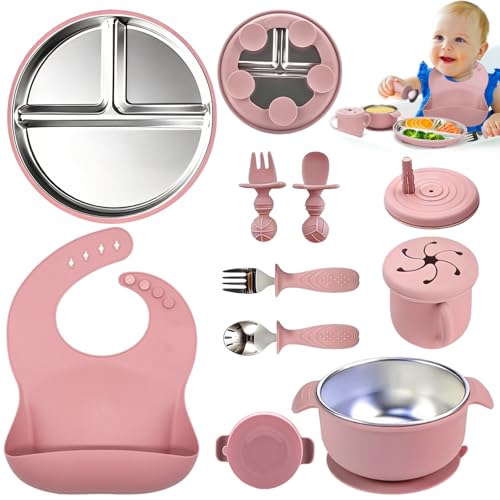 Kit Introdução Alimentar Bebe, Kit de 9 Alimentação Bebe Inox e Silicone, com Pratinho e Bowl de Alimentação com Ventosa, Babador, Copo, Tampa com Canudo, 2 Talheres Silicone e 2 Talheres Inox (Rosa)