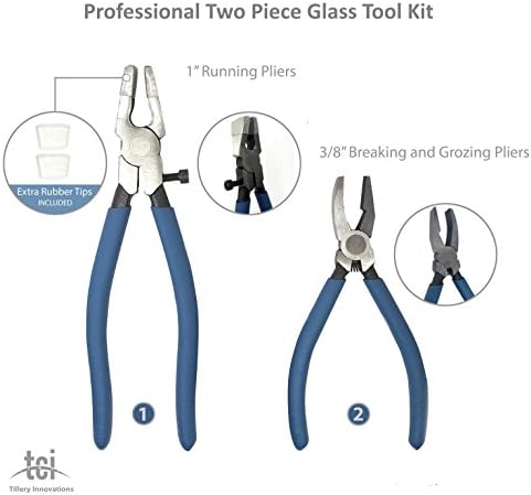 Professional Two Piece Stained Glass Tool Kit with 1" Running Pliers and 3/8" Breaking and Grozer Pliers with Free Bonus, Extra Rubber Tips for Running Pliers. for Stained Glass, Mosaics and Fusing