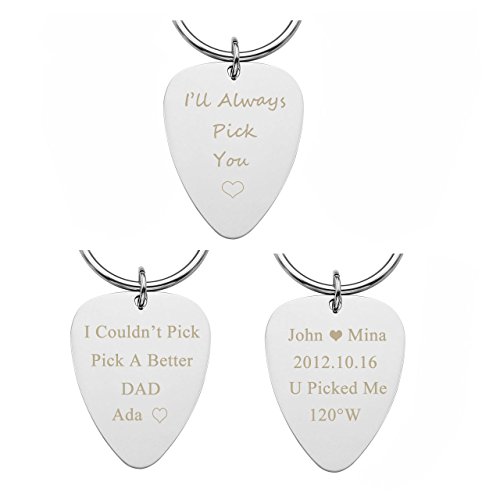 JOVIVI Custom Keychain - Personalized Guitar Picks Keychains for 3 Stainless Steel Keyring Engraved Name Date for Musician Husband Boyfriend Gifts