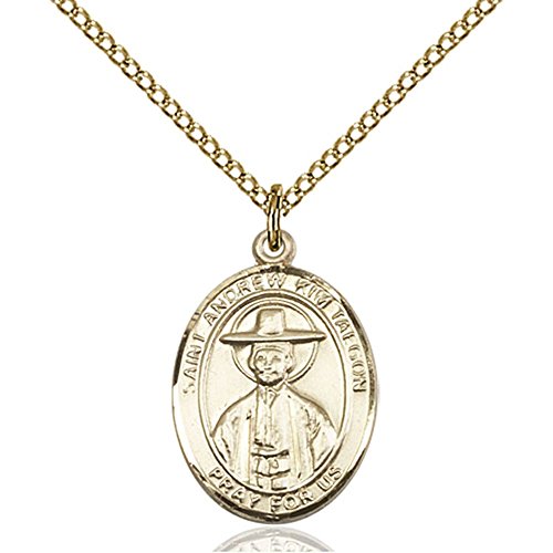 Gold Filled Women's Patron Saint Medal of ST. ANDREW KIM TAEGON - Includes 18 Inch Light Curb Chain - Deluxe Gift Box Included