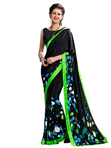 Shonaya Women's Printed Georgette Black Half & Half Saree With Unstitched Blouse Piece