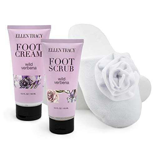 Ellen Tracy Foot Care Collection, 3 Piece Set of Cozy Spa Slippers, Foot Scrub and Foot Creme, Perfect Holiday Gift Set for Women and Girls (Wild Verbena)