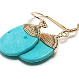 Natural Stone Wire Wrap Dangle Drop Earrings Gold Plated 925 Sterling Silver Hook/Turquoise Round Cut