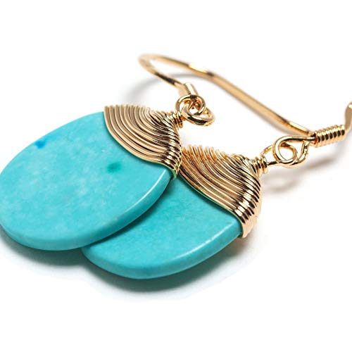 Natural Stone Wire Wrap Dangle Drop Earrings Gold Plated 925 Sterling Silver Hook/Turquoise Round Cut