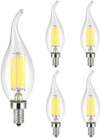 Wonninek 6W Dimmable LED Filament Candle Light, 6000K Cool White 600LM Chandelier LED Bulb, E12 Candelabra Base Lamp, C35 Flame Shape Bent Tip, Clear Glass Cover, 60W Incandescent Replacement -5 Pack